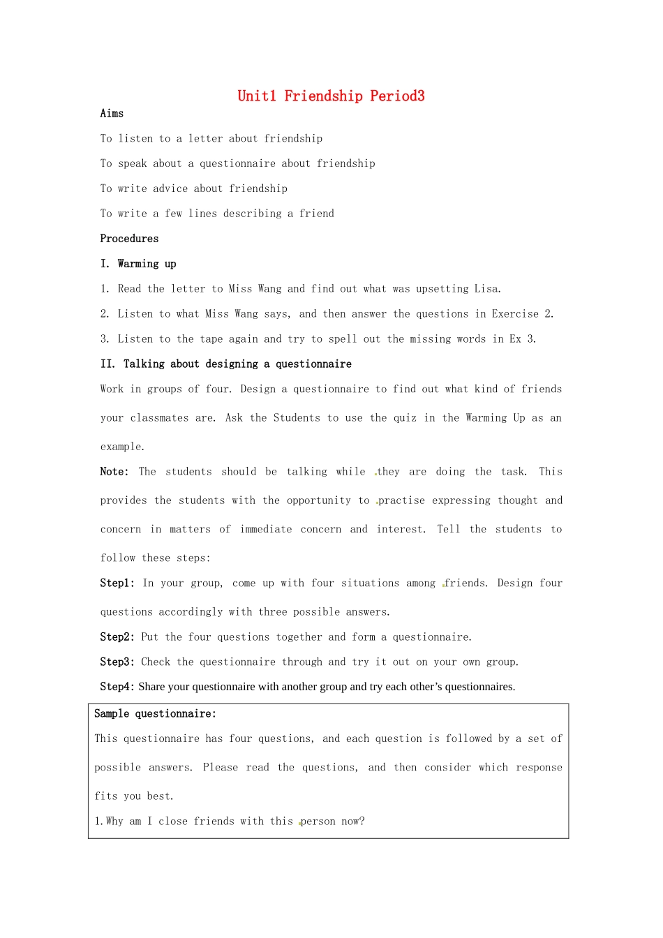 高中英语 Unit1 Friendship Period3教案 新人教版必修1-新人教版高一必修1英语教案_第1页