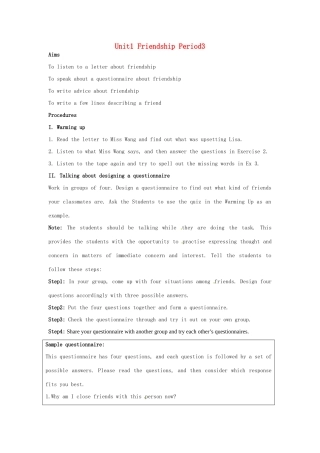 高中英语 Unit1 Friendship Period3教案 新人教版必修1-新人教版高一必修1英语教案