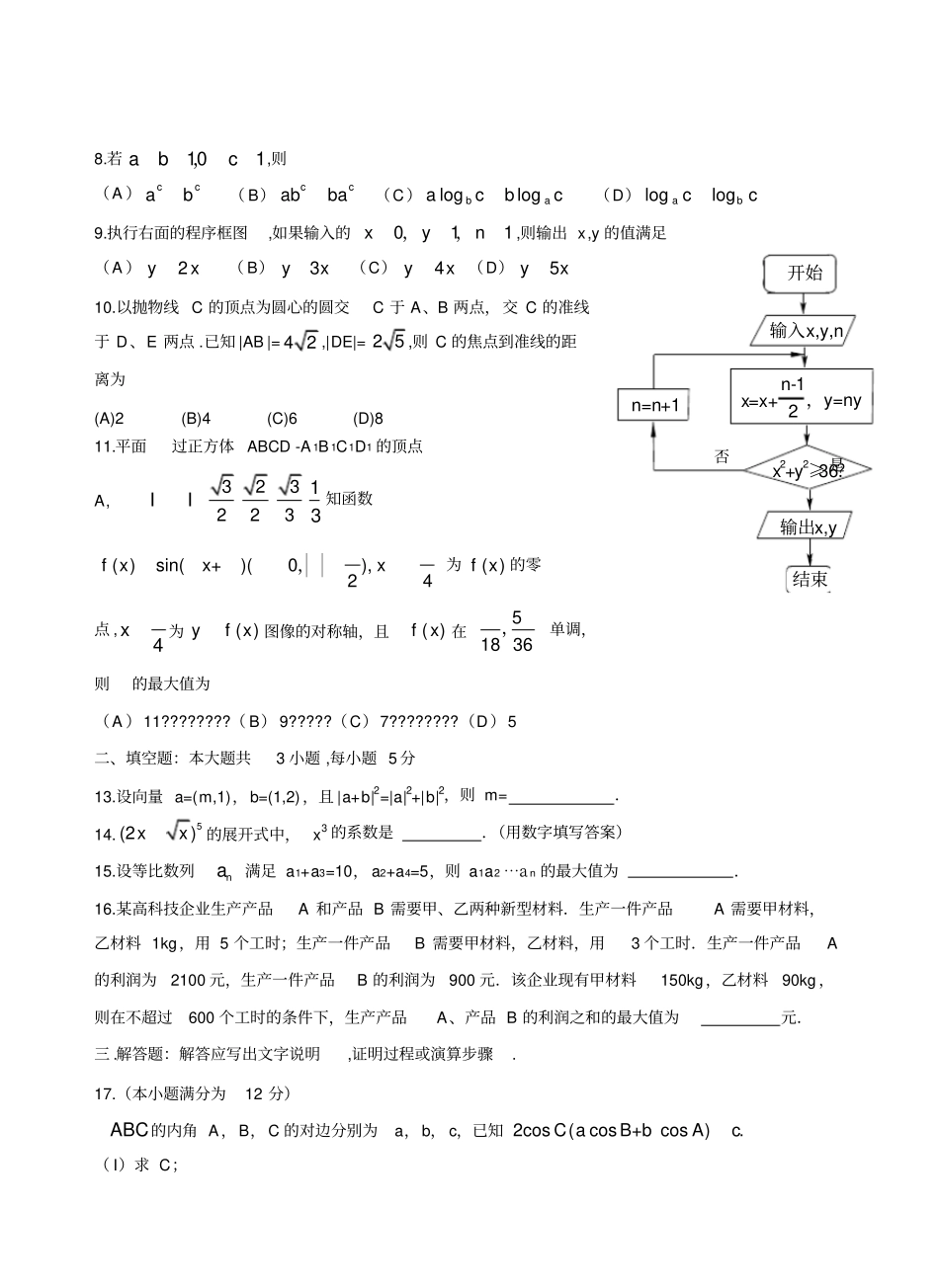 2016全国一卷理科数学高考真题及答案_第2页
