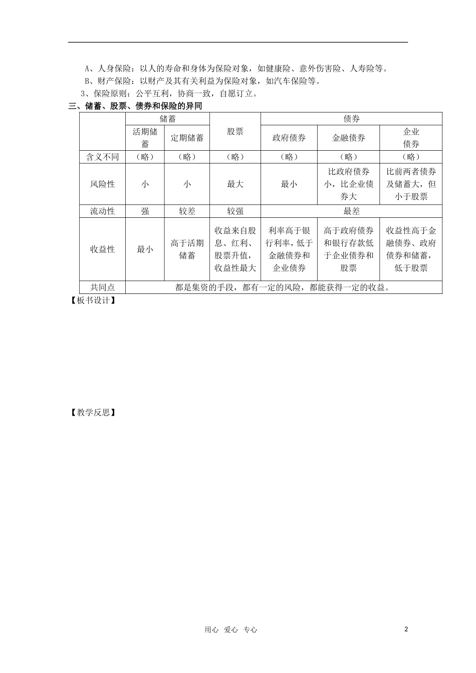 高一政治 《经济与生活》第六课 投资理财的选择第2课时 股票、债券和保险教案_第2页