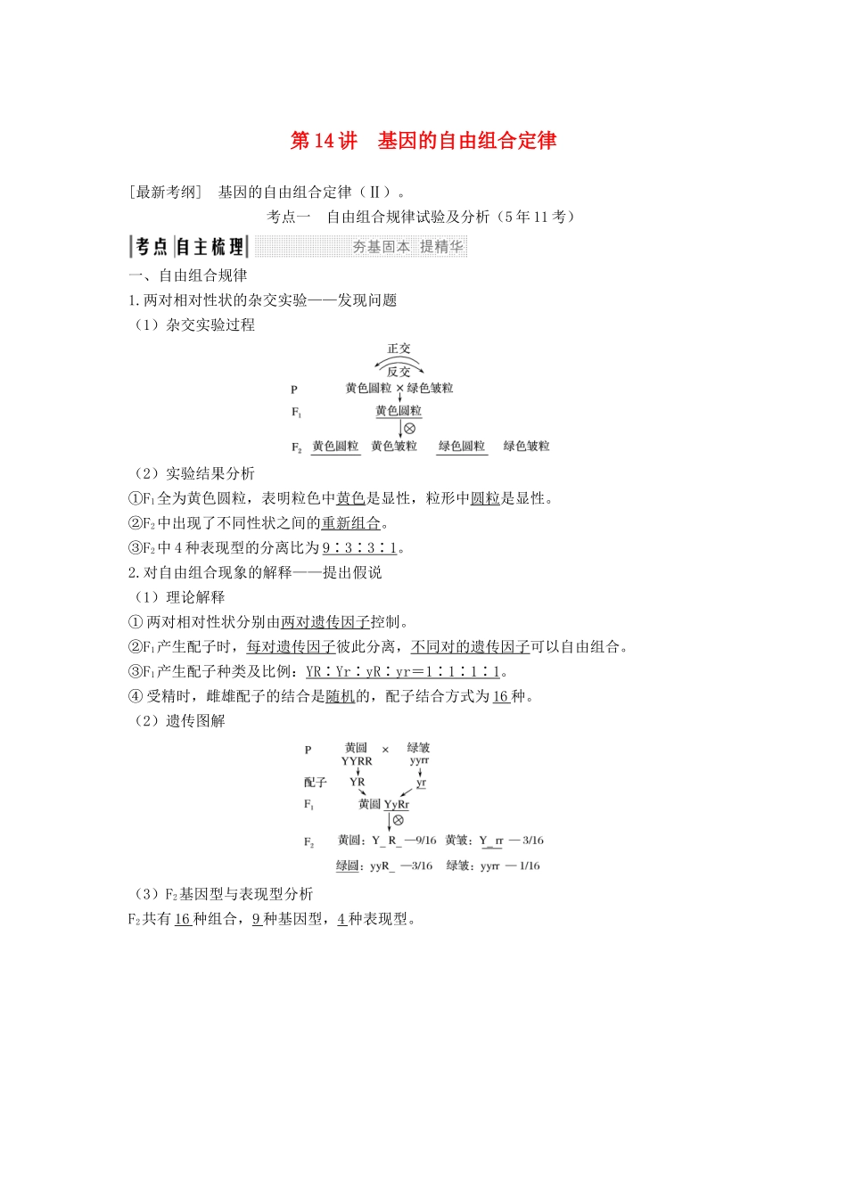 高考生物一轮复习 第六单元 第14讲 基因的自由组合定律教案 中图版必修2-中图版高三必修2生物教案_第1页