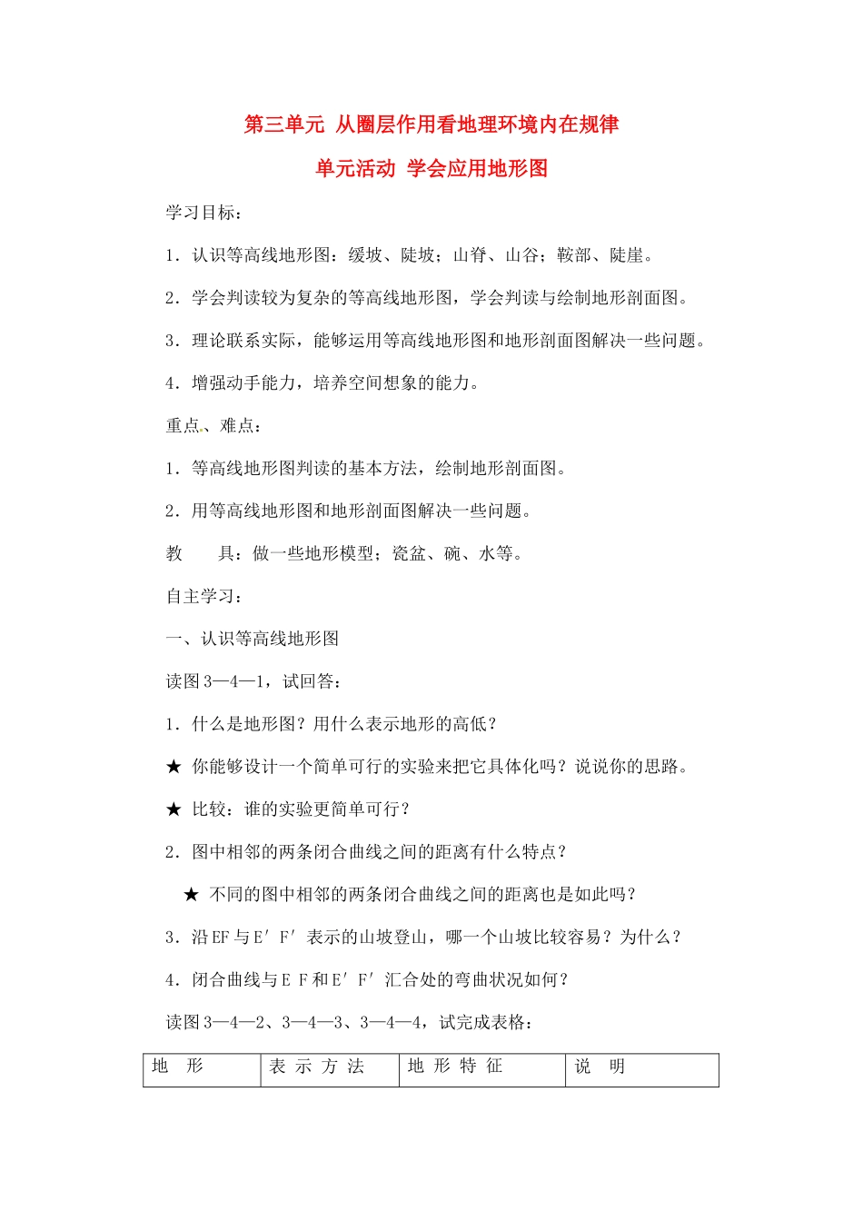 高中地理 教案3 单元活动 学会应用地形图鲁教版新课标高中必修1_第1页