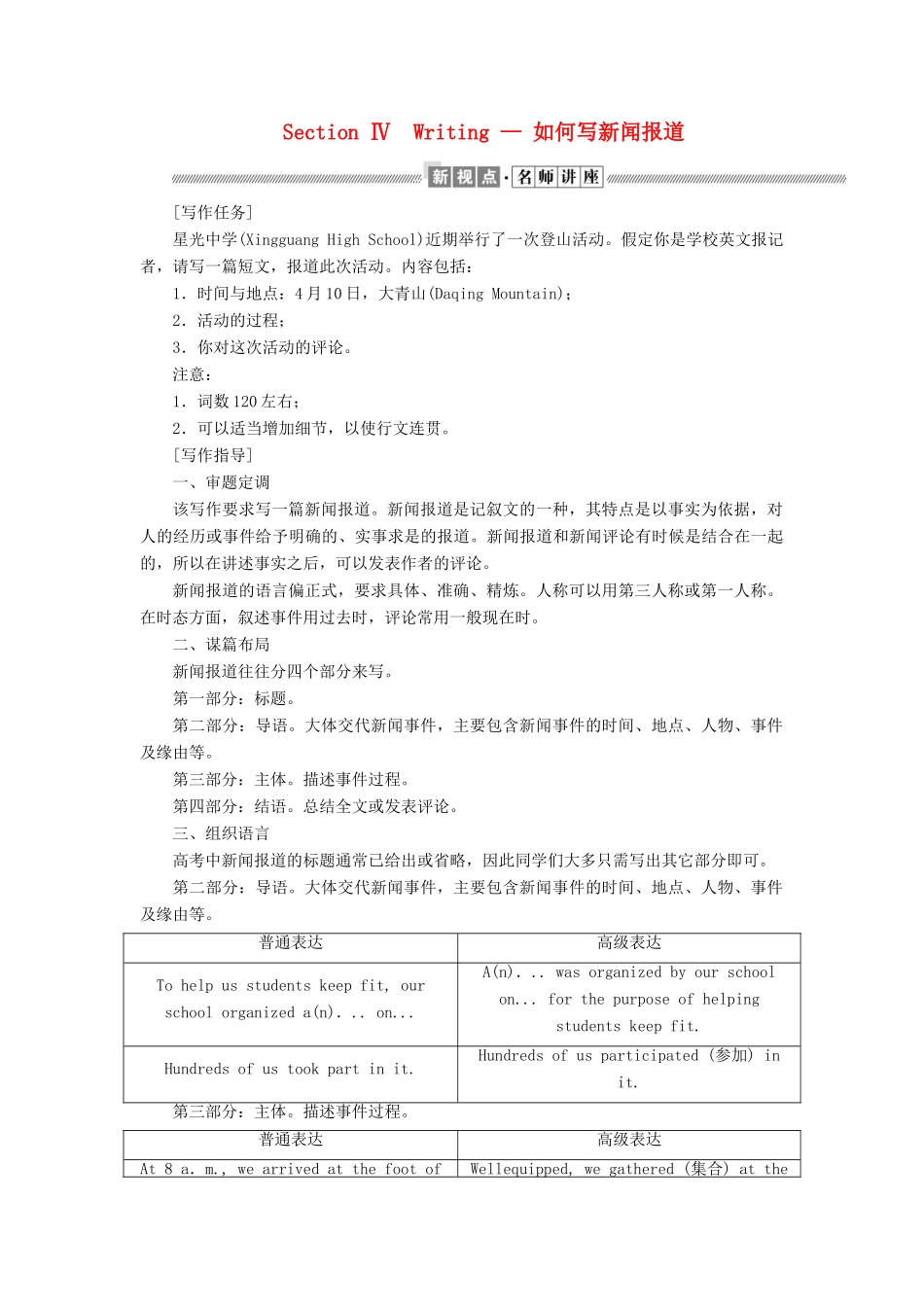 高中英语 Module 5 Newspapers and Magazines Section Ⅳ Writing — 如何写新闻报道教案（含解析）外研版必修2-外研版高一必修2英语教案_第1页