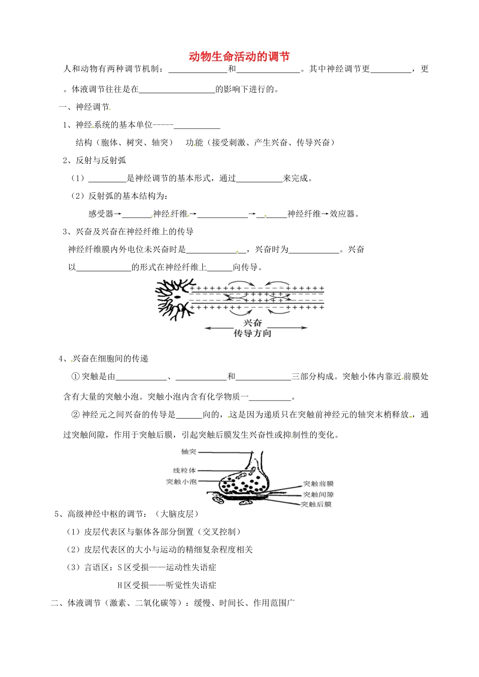 北京市房山区周口店中学高中生物会考复习 第二章 动物生命活动的调节 新人教版必修3_第1页