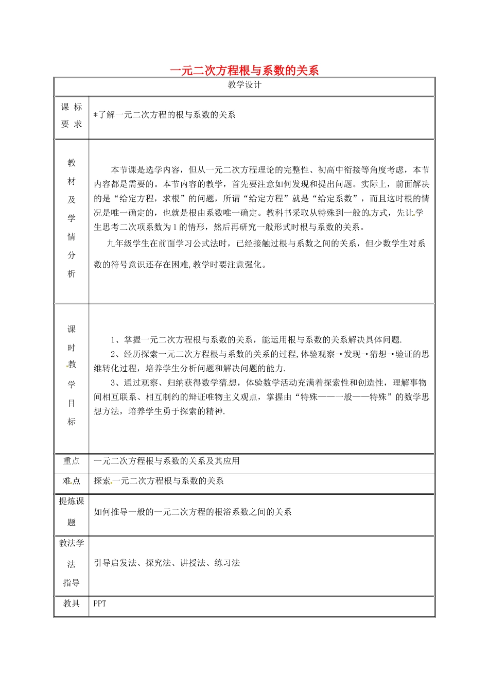 湖南省益阳市资阳区迎丰桥镇九年级数学上册 第二十一章 一元二次方程 21.2 解一元二次方程 21.2.4 一元二次方程的根与系数的关系教案 （新版）新人教版-（新版）新人教版初中九年级上册数学教案_第1页