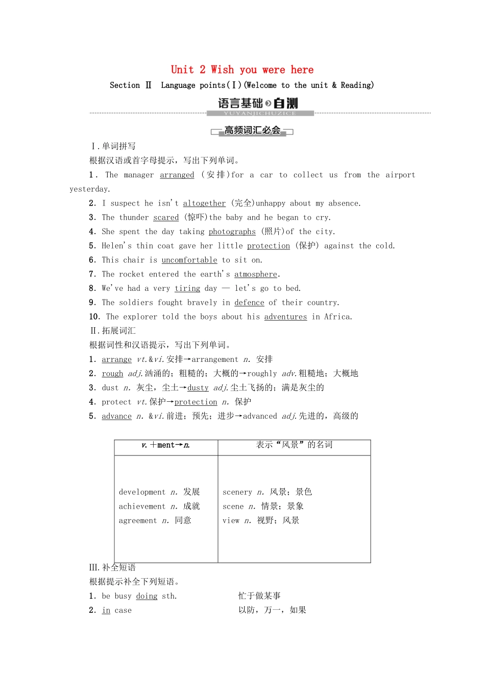 高中英语 Unit 2 Wish you were here Section Ⅱ Language points（Ⅰ）（Welcome to the unit  Reading）（教师用书）教案 牛津译林版必修2-牛津版高一必修2英语教案_第1页