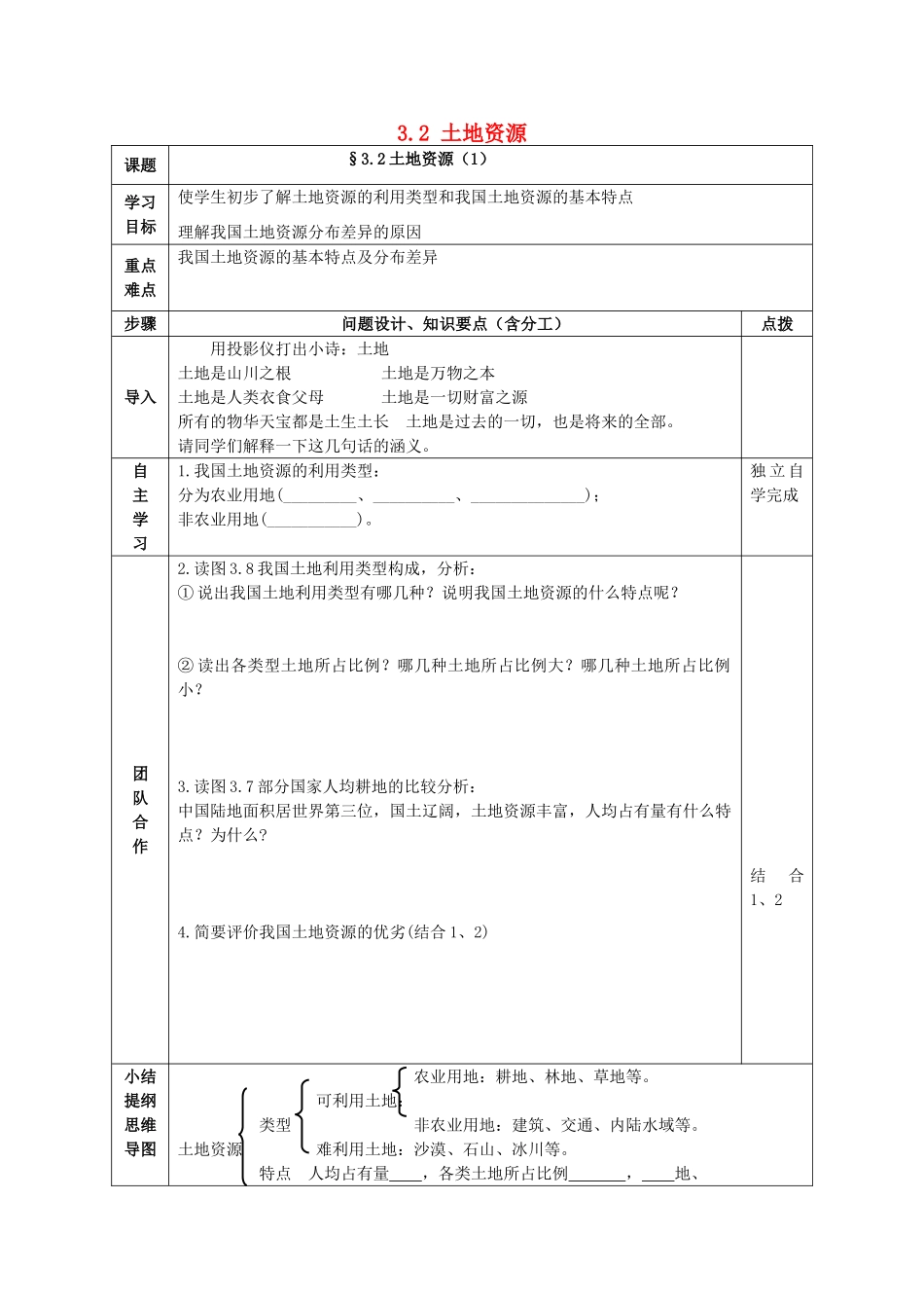 八年级地理上册 3.2 土地资源学案1（无答案） 新人教版_第1页