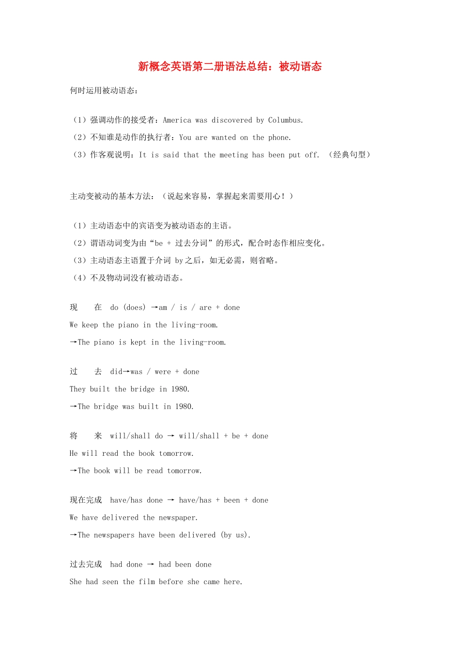 （新概念英语）高中英语 第二册 语法总结 被动语态_第1页