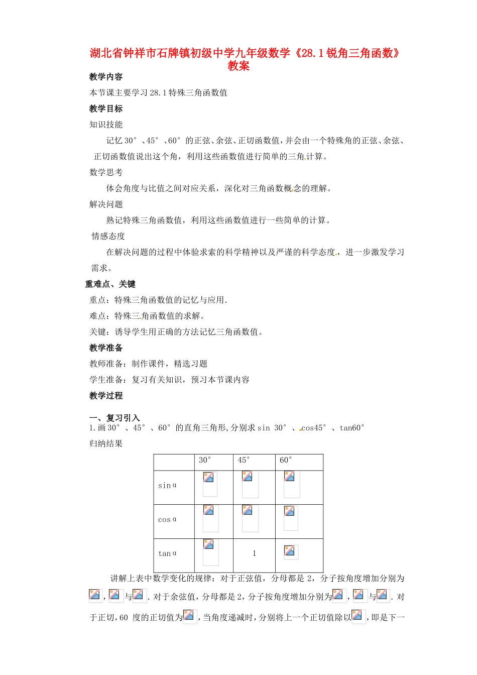 湖北省钟祥市石牌镇初级中学九年级数学《28.1锐角三角函数》教案_第1页