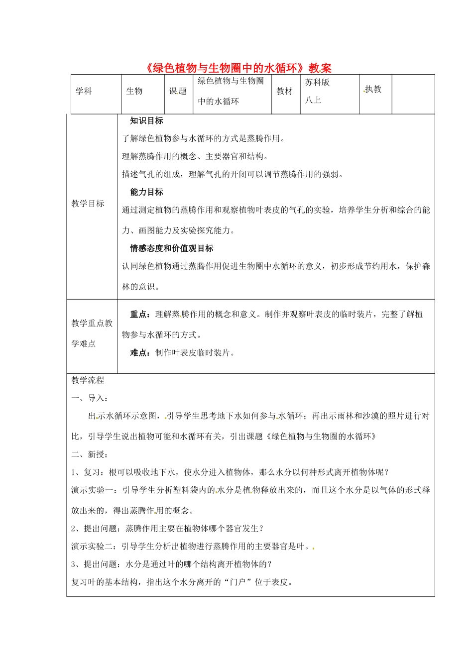 江苏省苏州市工业园区第十中学八年级生物上册 绿色植物与生物圈的水循环教案 苏科版_第1页