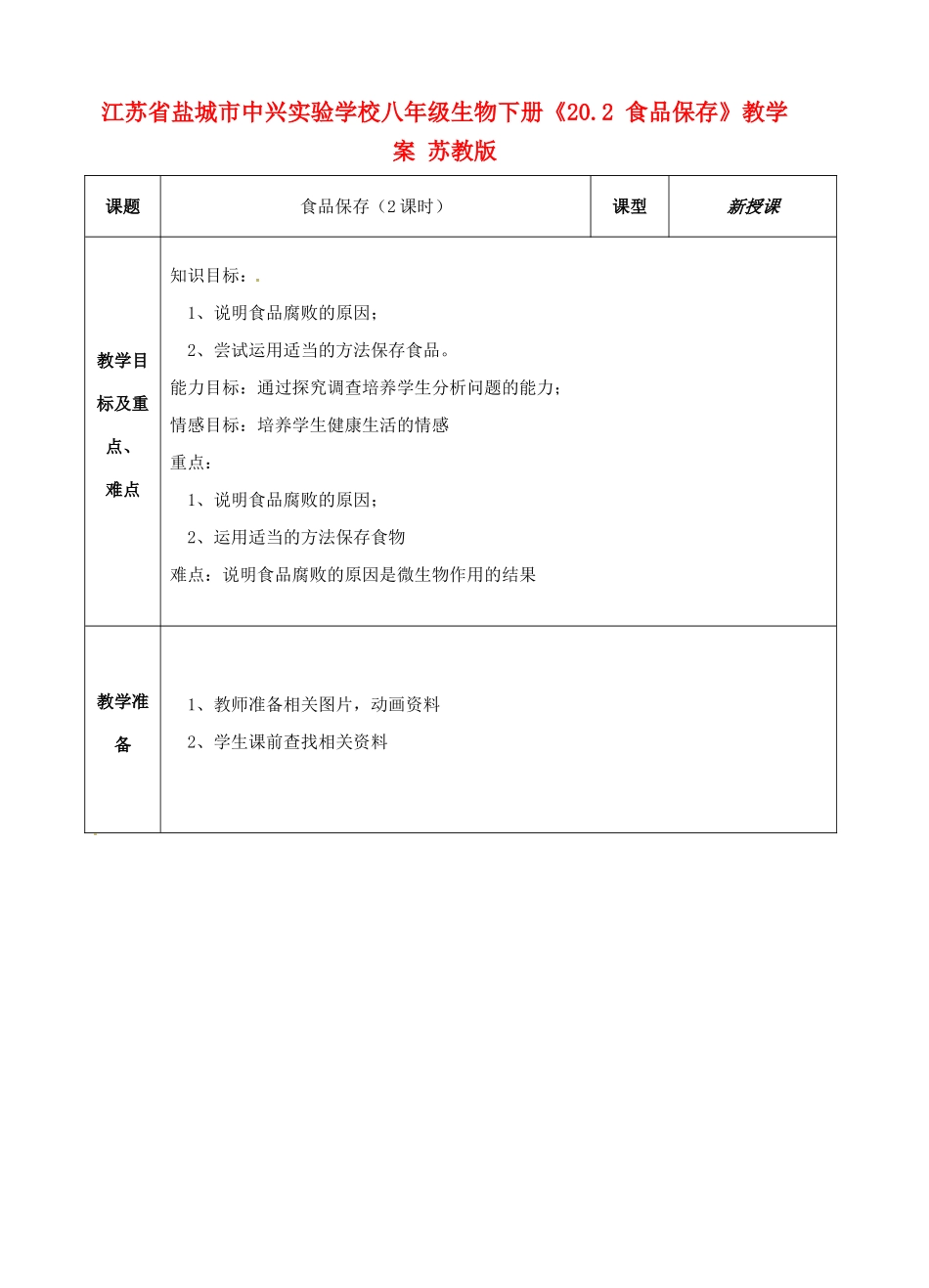 江苏省盐城市中兴实验学校八年级生物下册《20.2 食品保存》教学案 苏教版_第1页