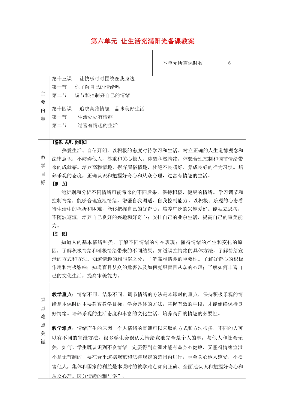 山东省滨州市邹平实验中学七年级政治下册 第六单元 让生活充满阳光备课教案 鲁教版_第1页