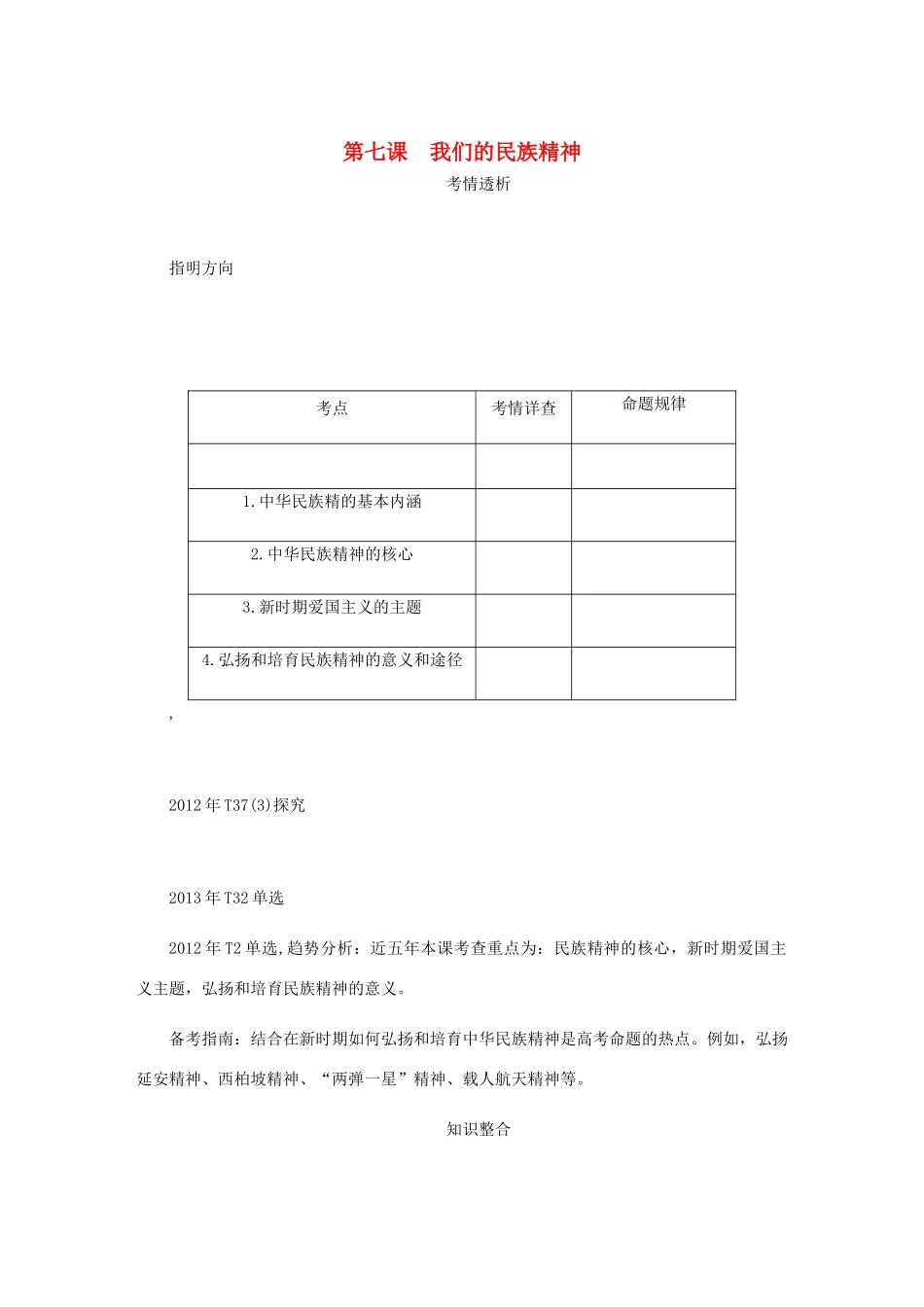 （江苏专版）高考政治总复习 第三单元 中华文化与民族精神 第七课 我们的民族精神讲义 新人教版必修3-新人教版高三必修3政治教案_第1页