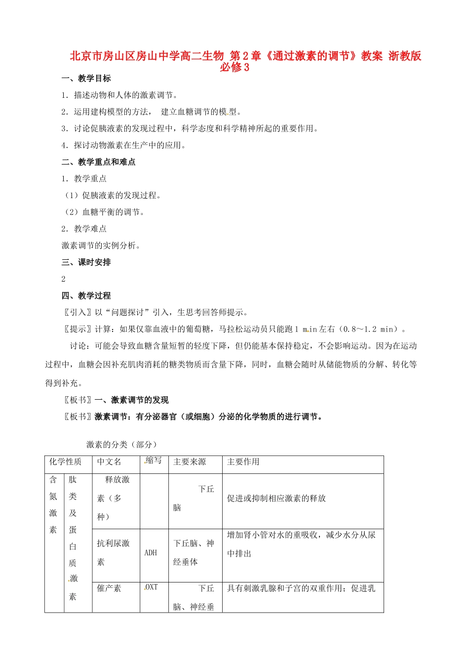 北京市房山区房山中学高中生物 第二章《通过激素的调节》教案 浙教版必修3_第1页