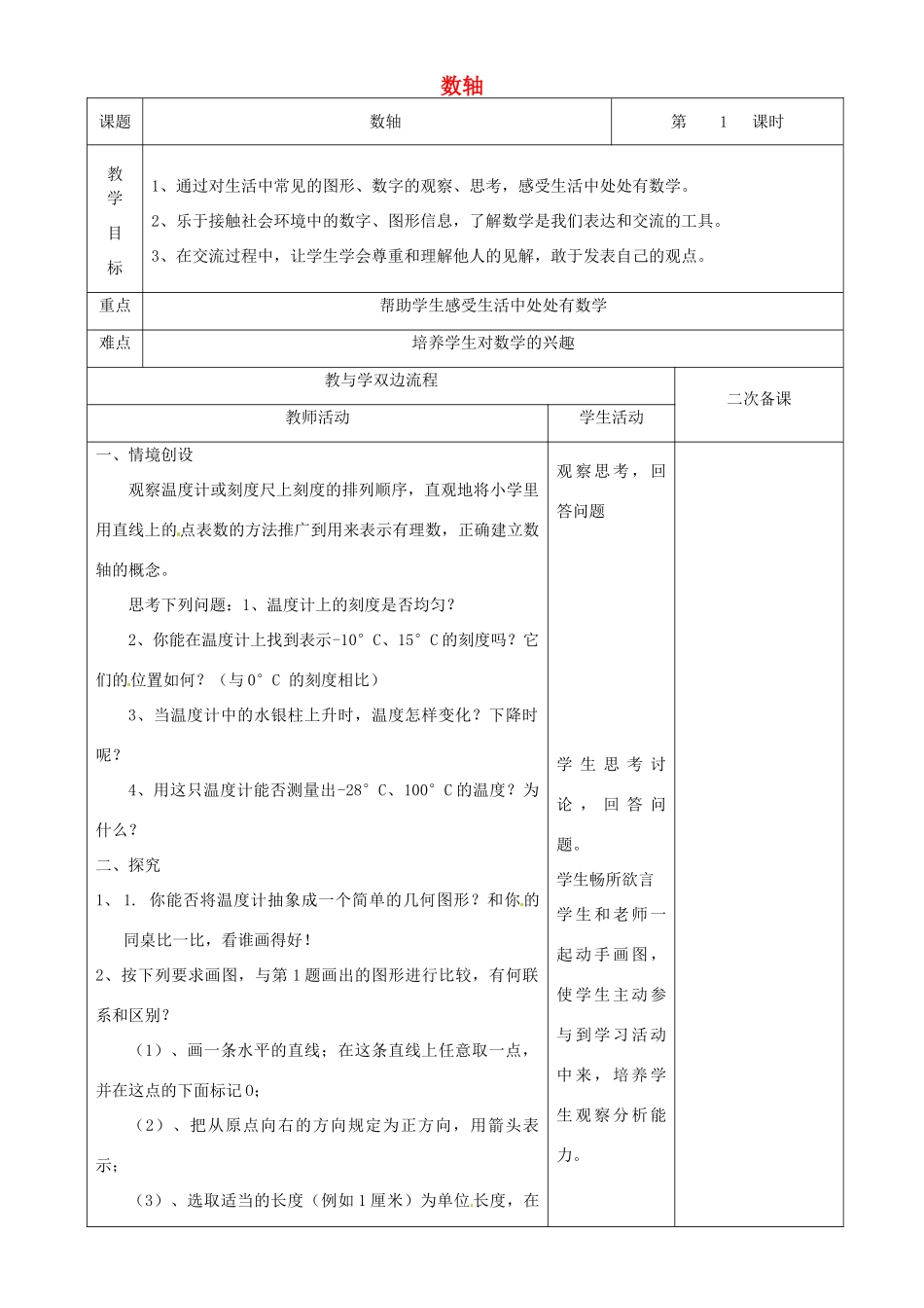 江苏省常州市潞城中学七年级数学上册 数轴（第1课时）教案 （新版）苏科版_第1页