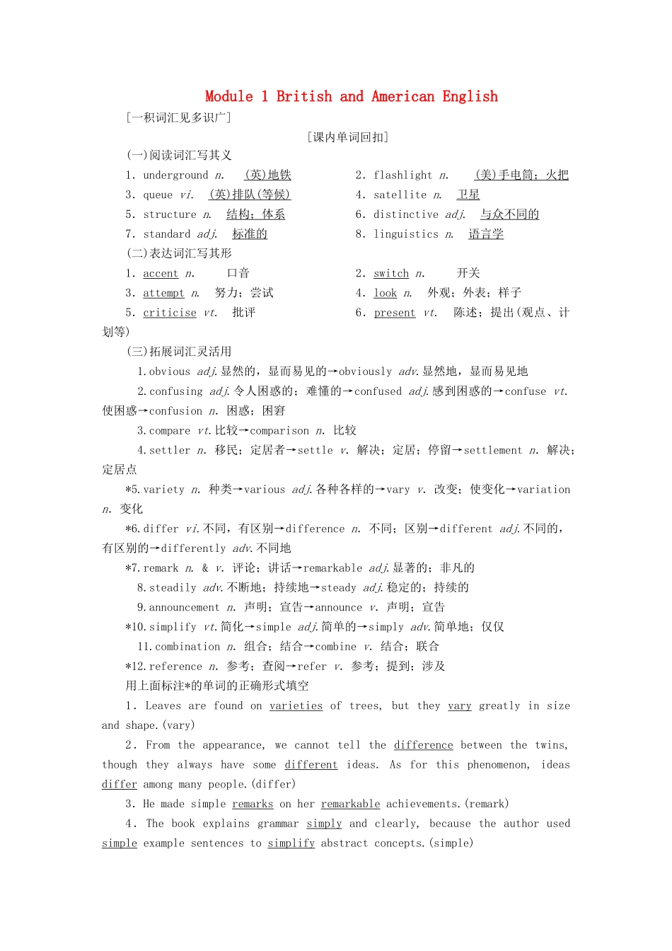 高考英语一轮复习 Module 1 British and American English讲义 外研版必修5-外研版高三必修5英语教案_第1页