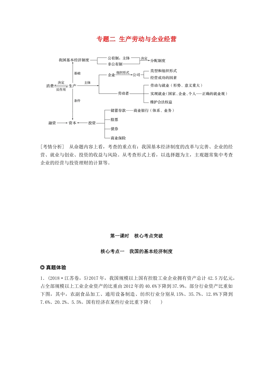 （江苏版）高考政治二轮复习 第1部分 专题突破 专题二 生产劳动与企业经营（第1课时）核心考点突破讲义-江苏版高三全册政治教案_第1页