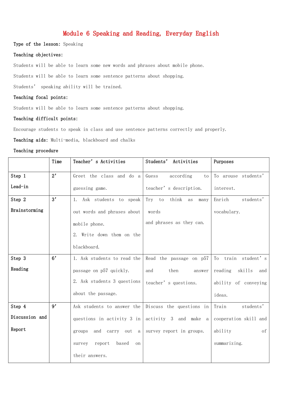 高一英语 Module 6 Speaking and Reading, Everyday English教案-人教版高一全册英语教案_第1页