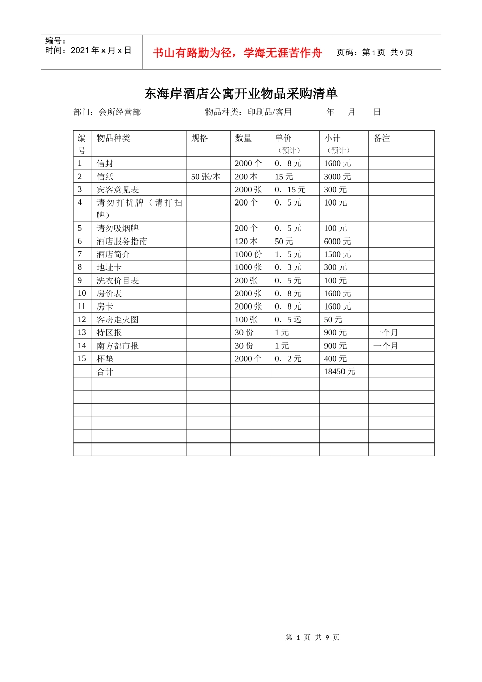 东海岸酒店公寓采购清单_第1页