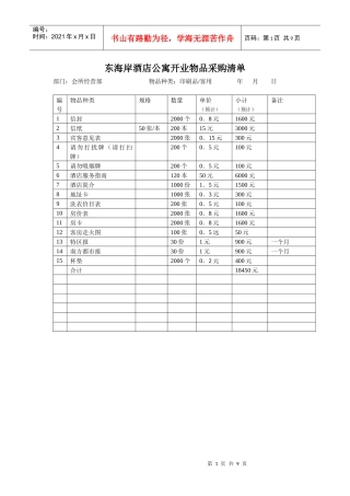 东海岸酒店公寓采购清单