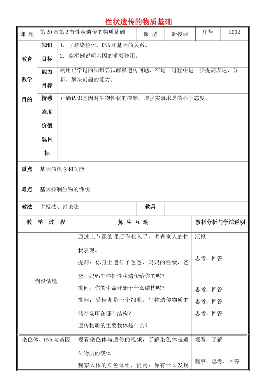 八年级生物上册 第20章 第2节 性状遗传的物质基础教案 北师大版-北师大版初中八年级上册生物教案_第1页