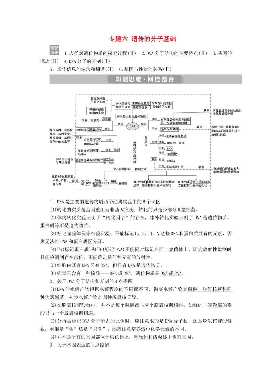 高考生物考前冲刺复习 第1部分 专题突破方略 专题六 遗传的分子基础讲义-人教版高三全册生物教案_第1页