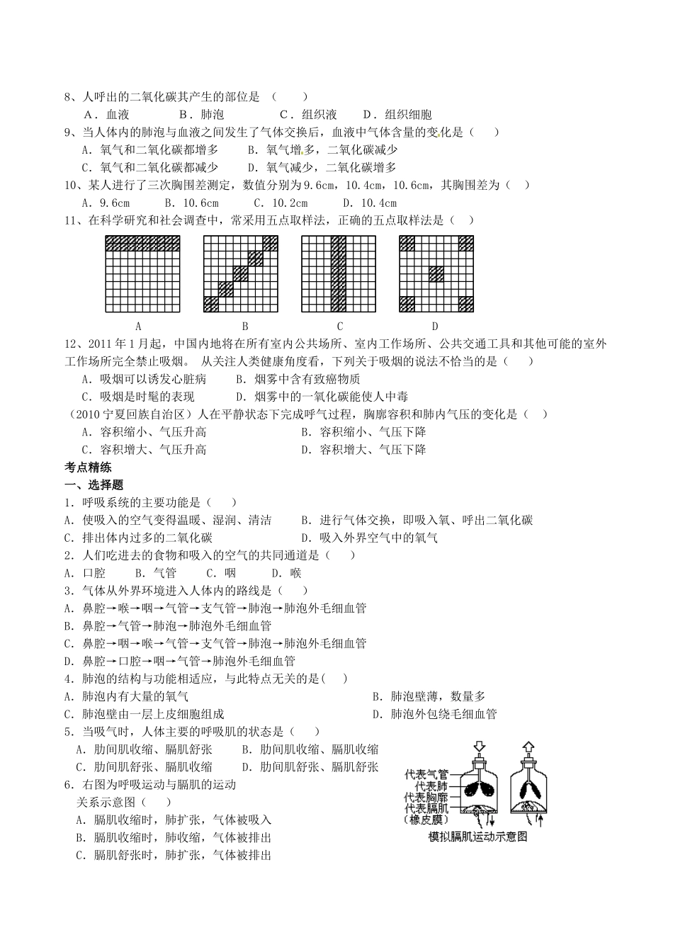 湖北省襄阳市第四十七中学九年级生物 考点十三 人体的呼吸教学案_第3页