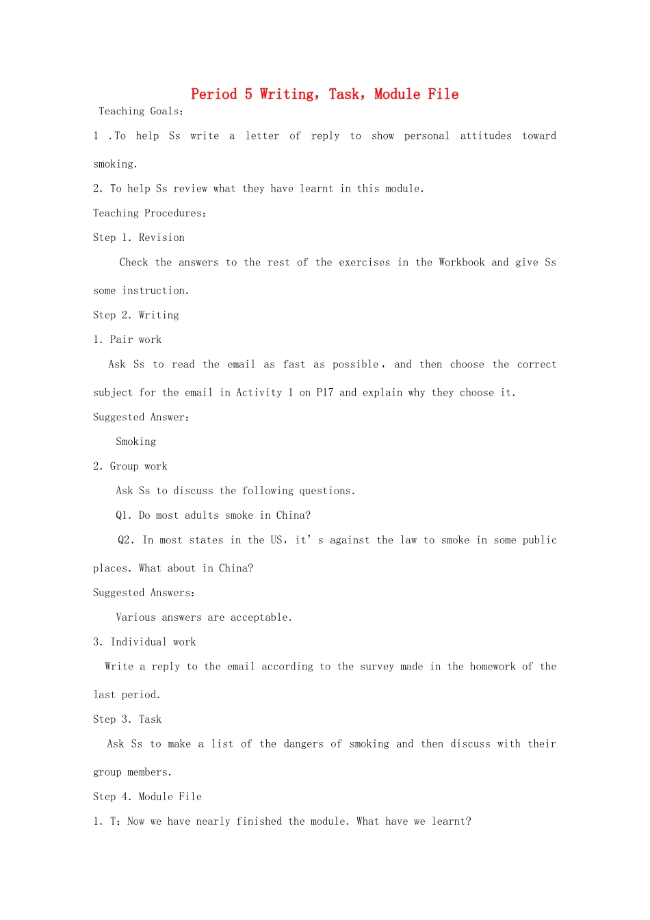 高中英语 Module 2 No Drugs  Period 5 Writing，Task，Module File 2教案 外研版必修2-外研版高一必修2英语教案_第1页