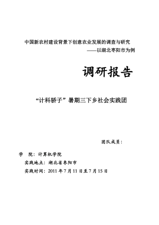 中国新农村建设背景下创意农业发展的调查与研究