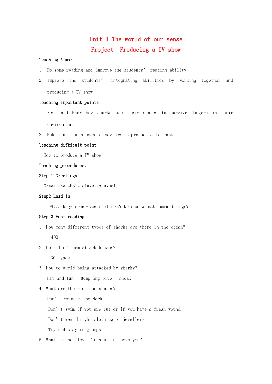 高中英语 Unit 1 The world of our sense-project精品教案 牛津译林版必修3_第1页