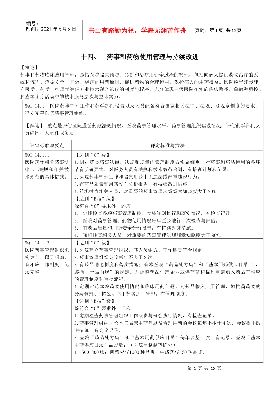 三级综合医院评审标准(药事管理)XXXX_第1页