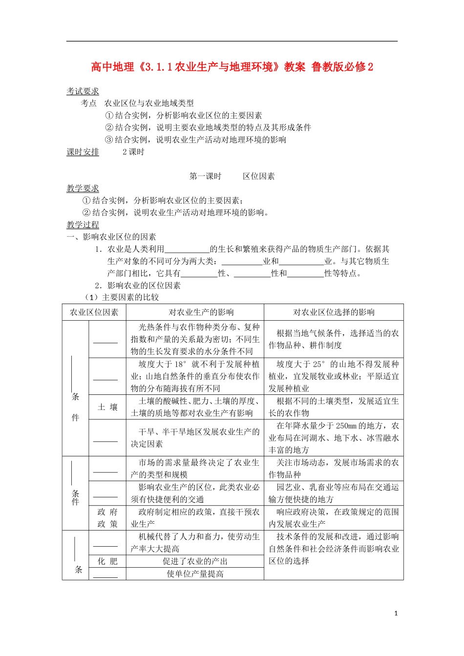 高中地理《3.1.1农业生产与地理环境》教案 鲁教版必修2_第1页