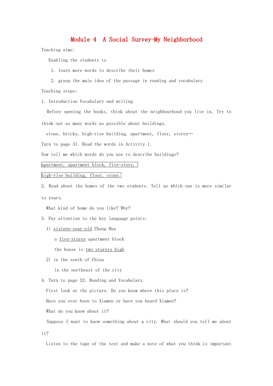 高中英语 Module 4 A Social Survey-My Neighbourhood教案1 外研版必修1-外研版高一必修1英语教案_第1页