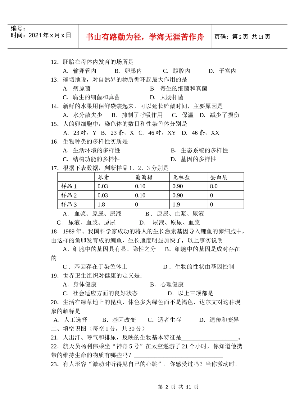 初中生物学业考试样题（第四小组）_第2页