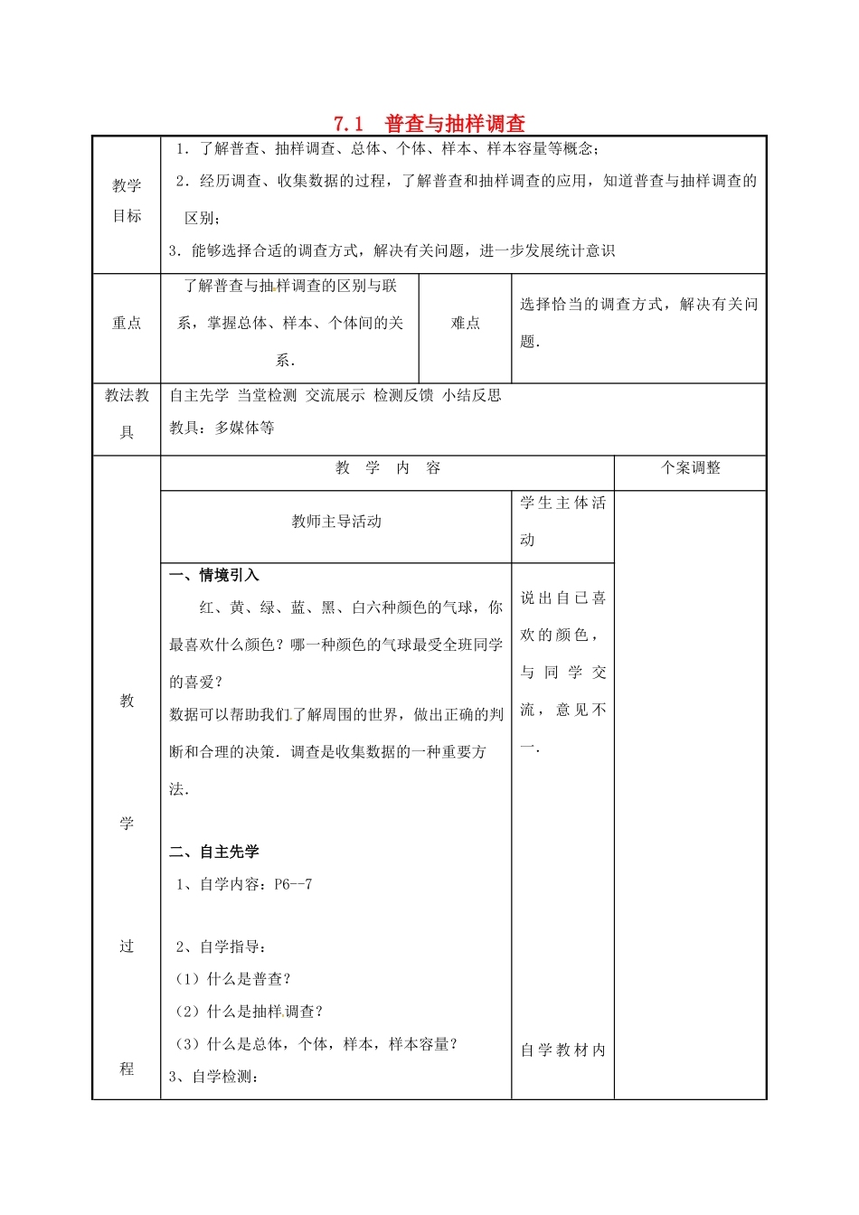 江苏省徐州市新沂市踢球山乡八年级数学下册 第七章 数据的收集、整理与描述 7.1 普查与抽样调查（1）教案 （新版）苏科版-（新版）苏科版初中八年级下册数学教案_第1页