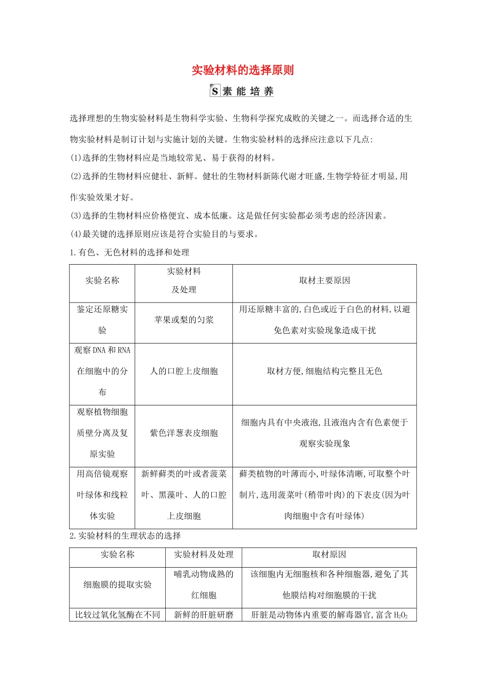 高考生物一轮复习 第一单元 走近细胞和组成细胞的分子 科学探究系列1 实验材料的选择原则教案 新人教版-新人教版高三全册生物教案_第1页