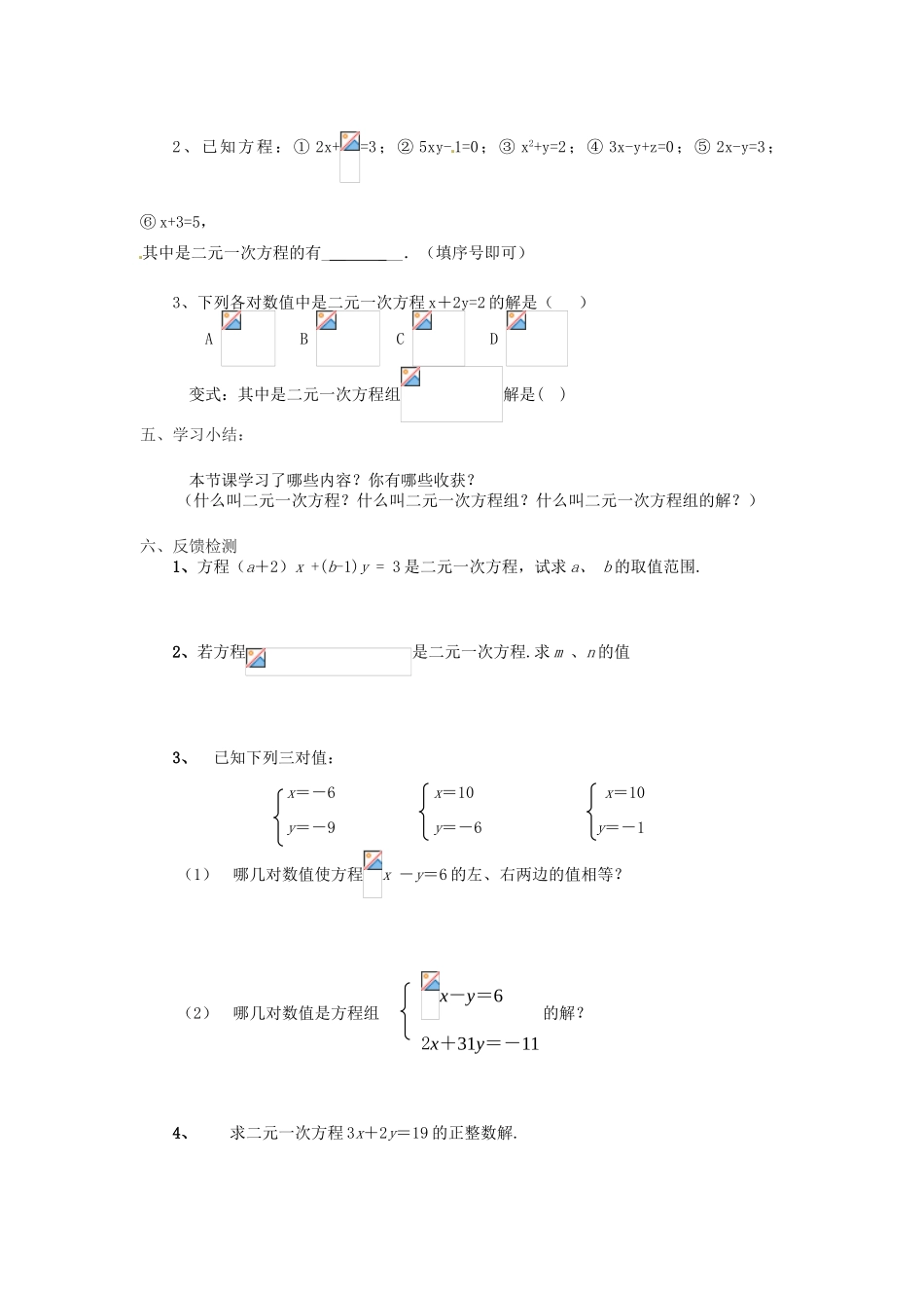 湖北省北大附中武汉为明实验学校七年级数学下册 8.1 二元一次方程组导学案1（无答案）（新版）新人教版_第2页