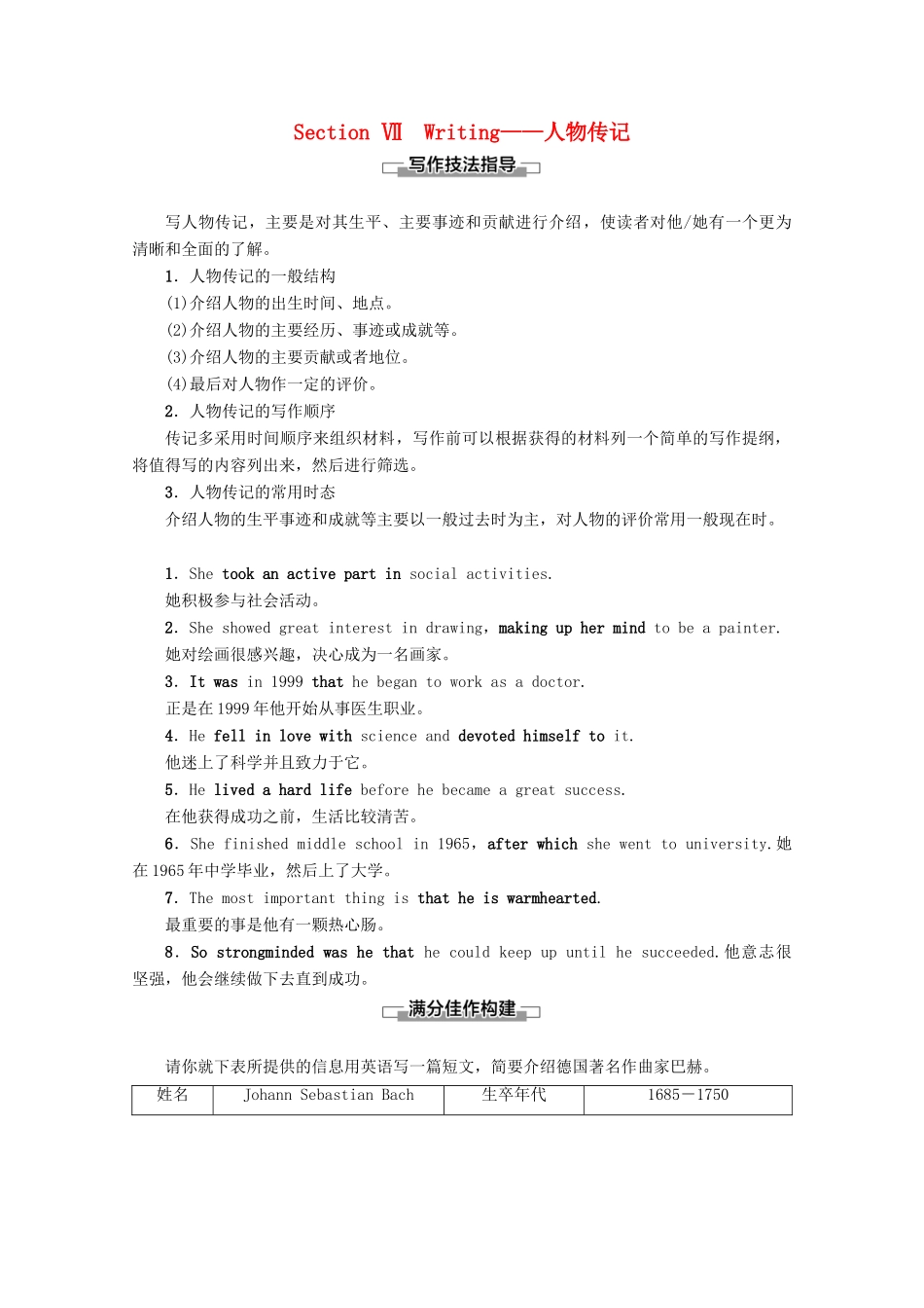 高中英语 Unit 3 Amazing people Section Ⅶ Writing——人物传记讲义 牛津译林版必修2-牛津版高一必修2英语教案_第1页