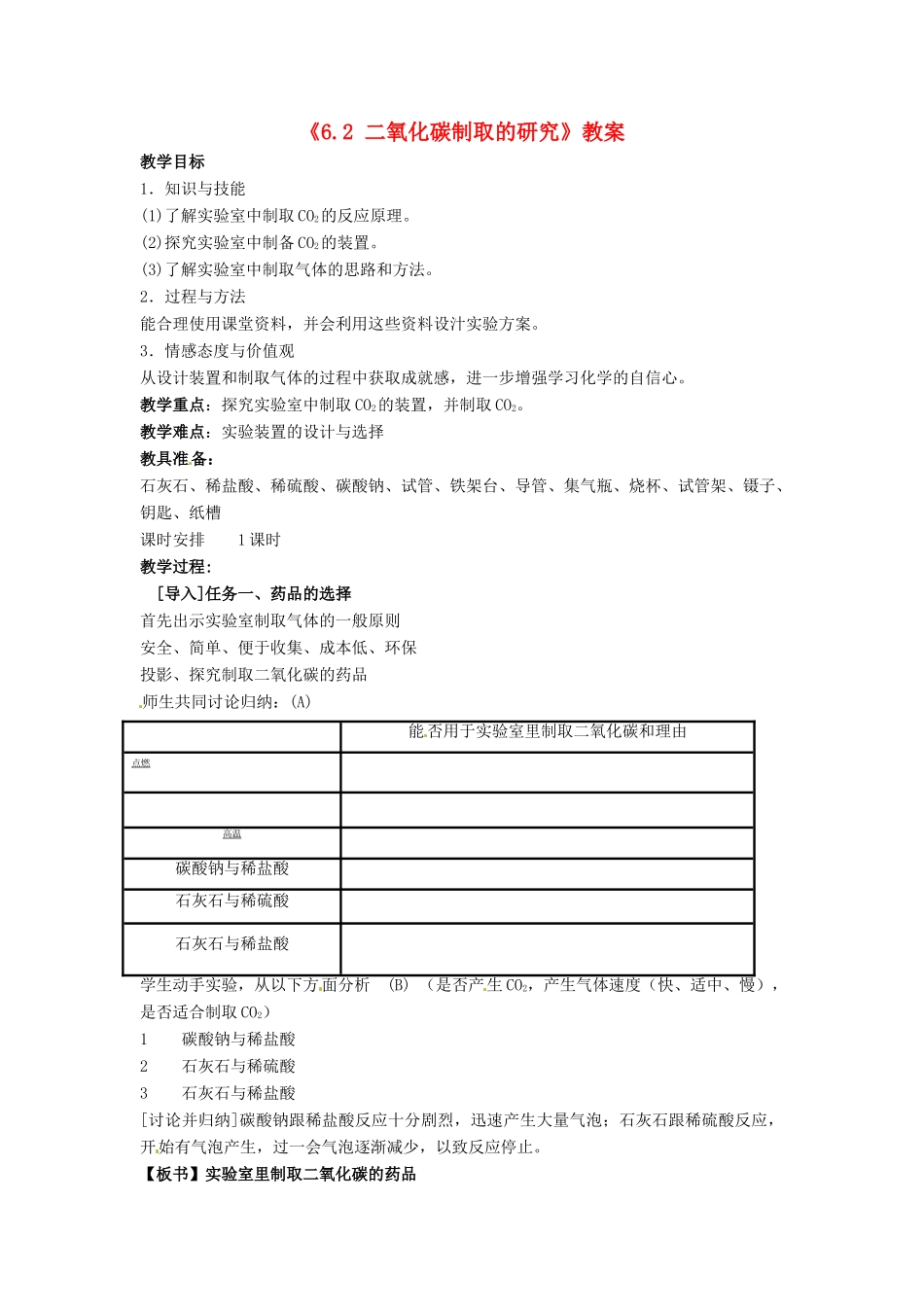 江苏省东台市唐洋镇中学七年级生物上册《6.2 二氧化碳制取的研究》教案 苏教版_第1页