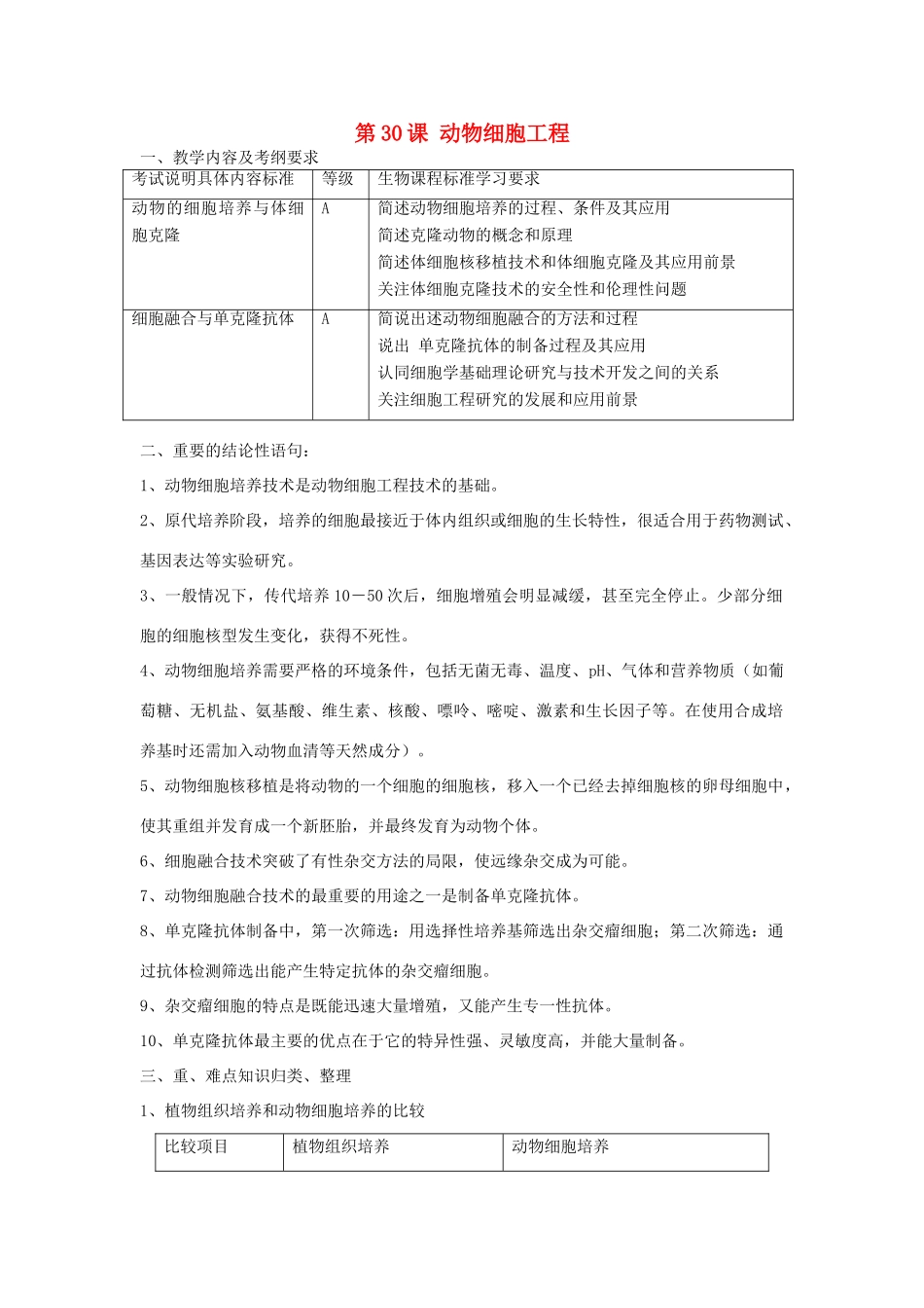 高中生物 第30课 动物细胞工程教案 新人教版必修3_第1页
