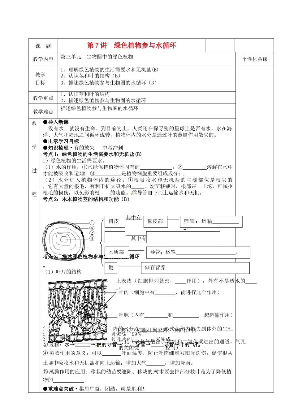 湖南省茶陵县世纪星实验学校八年级生物复习《第7讲  绿色植物参与水循环》教案 人教新课标版_第1页