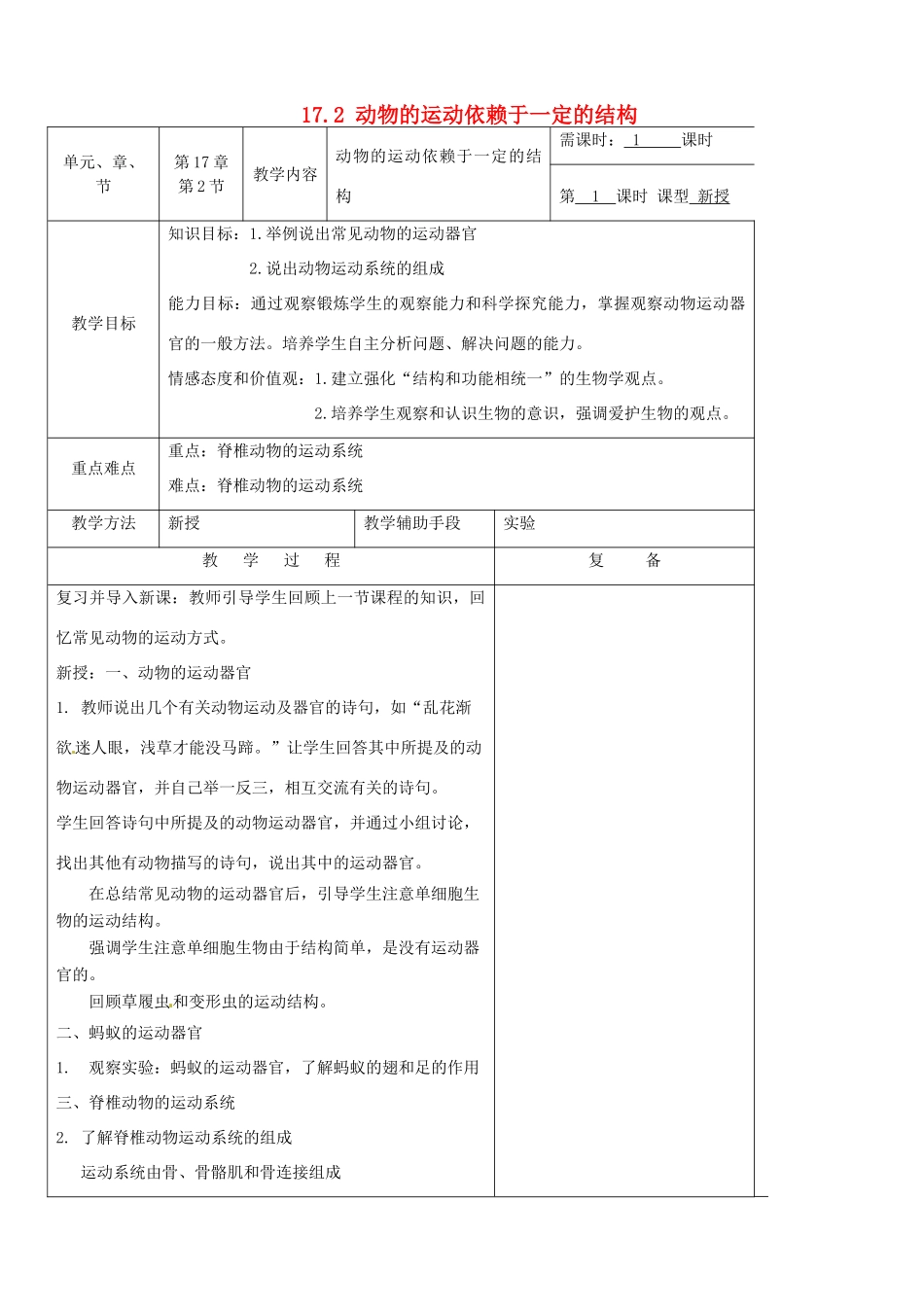 江苏省南京市上元中学八年级生物上册 17.2 动物的运动依赖于一定的结构教案 苏教版_第1页