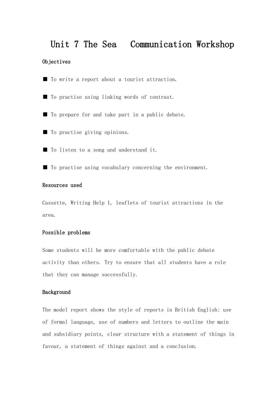 北师大版高一英语教案 Unit 7 The Sea   Communication Workshop-北师大版高一全册英语教案_第1页