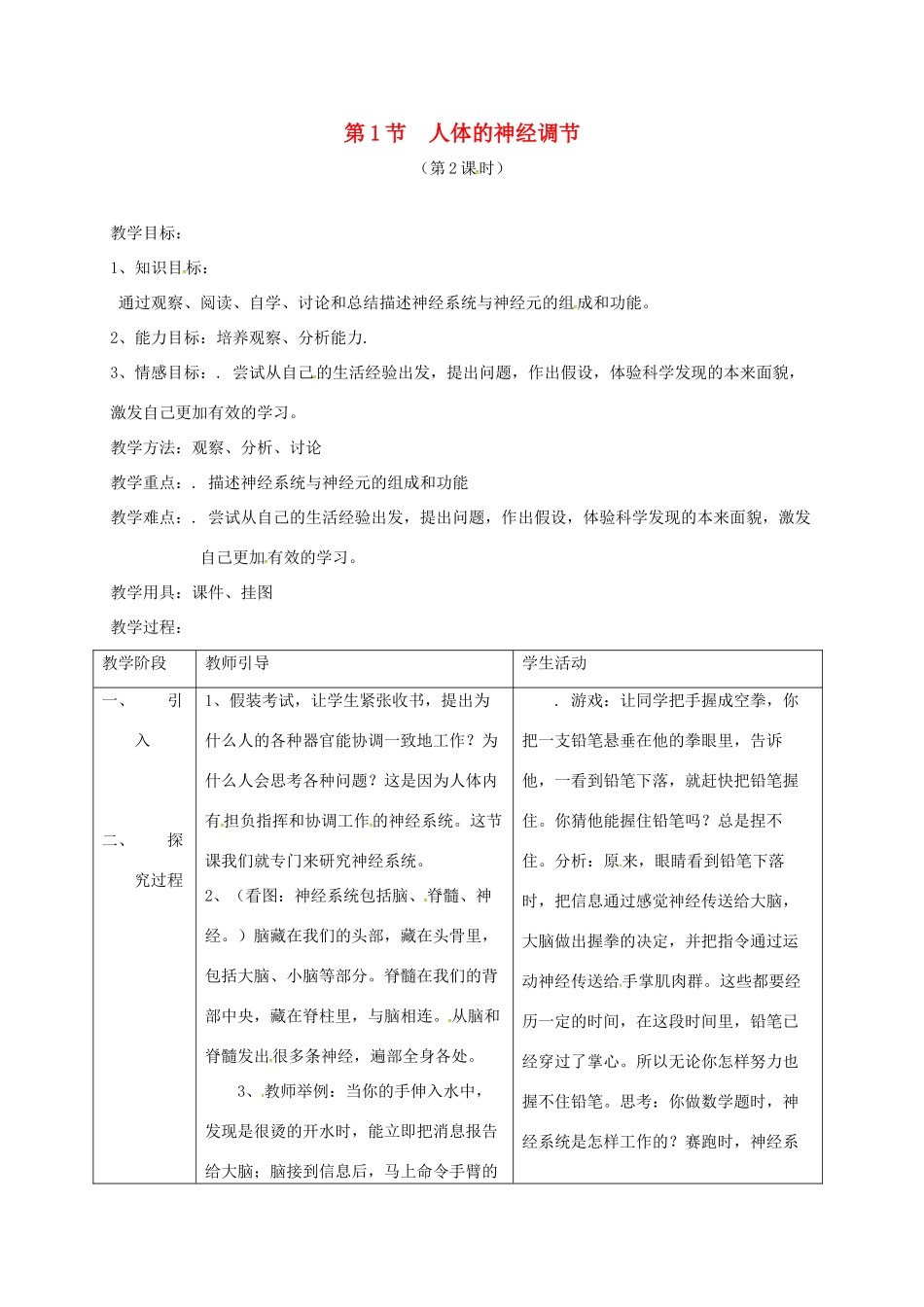 江苏省镇江市八年级生物上册 16.1 人体的神经调节教学设计2 （新版）苏科版-（新版）苏科版初中八年级上册生物教案_第1页