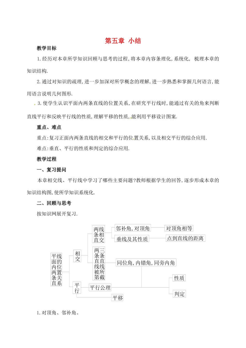 黑龙江省虎林市八五零农场学校七年级数学下册 第五章 小结教案 人教新课标版_第1页
