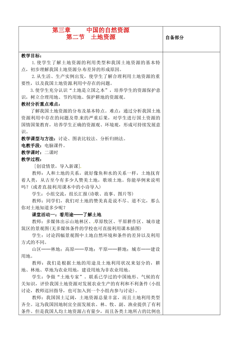 江苏省丹阳市华南实验学校八年级地理上册《土地资源》教案 新人教版_第1页