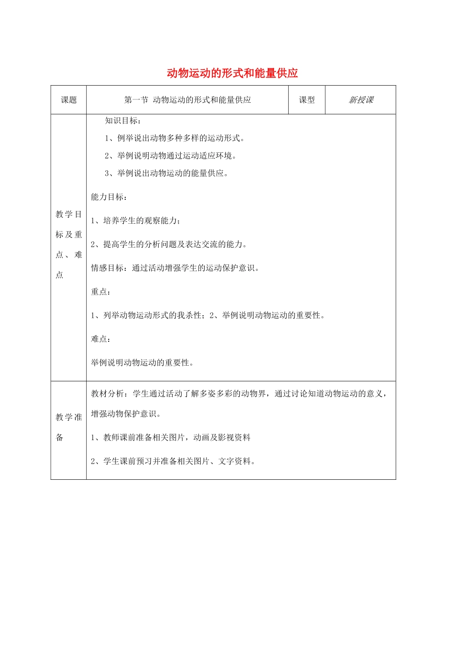 八年级生物上册 第17章第一节 动物运动的形式和能量供应教学设计 （新版）苏教版-（新版）苏教版初中八年级上册生物教案_第1页