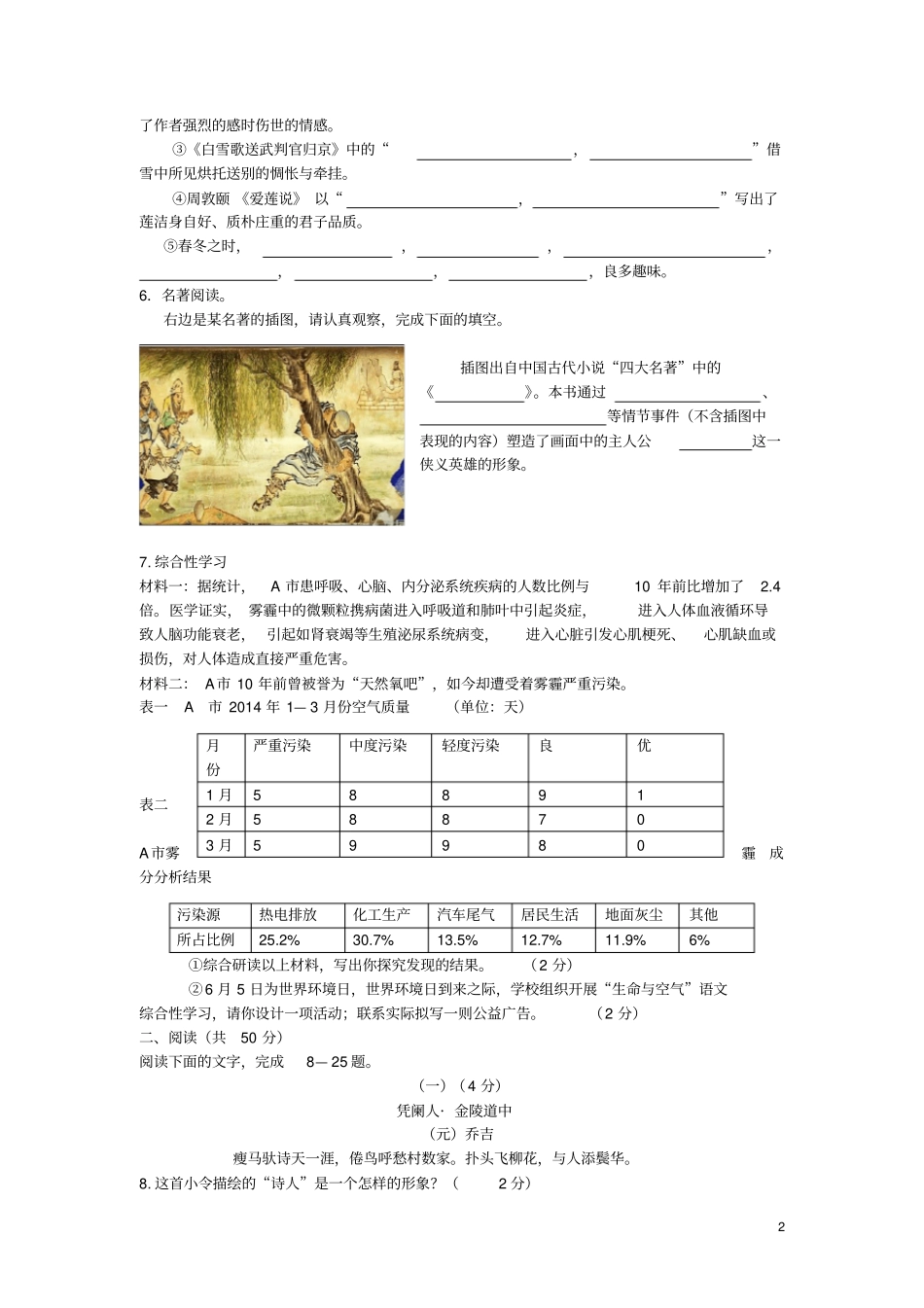 山东省东营市2020年中考语文必刷模拟试题(含答案)_第2页