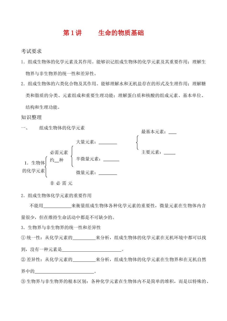 高考生物第一轮系列讲座 第1讲   生命的物质基础_第1页