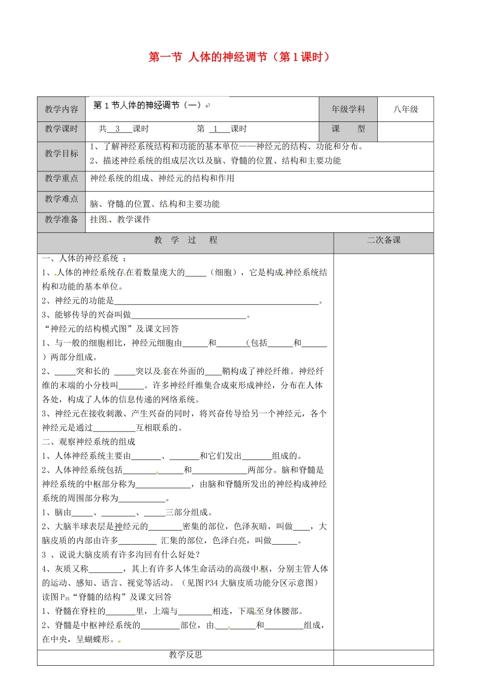 江苏省徐州市黄山外国语学校八年级生物上册 第16章 人体生命活动的调节 第一节 人体的神经调节（第1课时）教案 苏科版_第1页